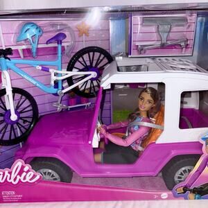 Barbie Doll w/ Pink Jeep & Mountain Bike + Bike Rack + Helmet, Large Jeep NEW